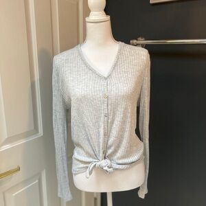 Button down front tie light grey soft blouse. A new day. Size M
